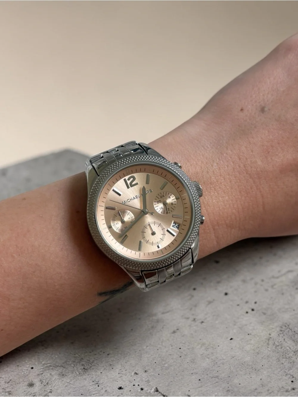 Michael Kors Silver Stainless Steel Watch with Rose Gold Dial